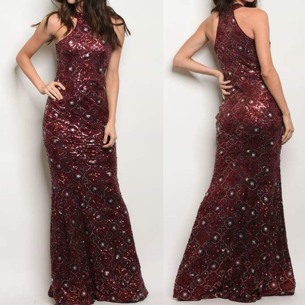TIMELESS SEQUIN GLITTERING MAXI EVENING GOWN WINE